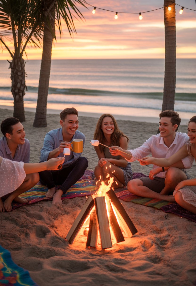 A group of friends enjoying a casual bonfire on the beach at sunset, sitting on blankets and logs around the fire.